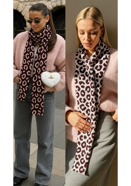 Kadın Leopar Desenli Çift Taraflı Triko Atkı