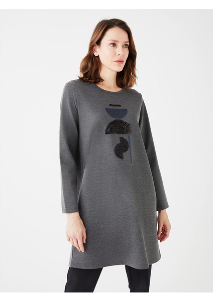 Yeni Sezon Bisiklet Yaka Işlemeli Uzun Kollu Kadın Tunik