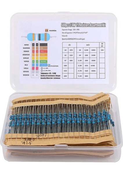 Kutulu 600 Parça Direnç Seti 10OHM / 1mohm 30 Farklı Tip 20şer Adet Metal Film Dip Direnç 1% 1/4W fiyatları
