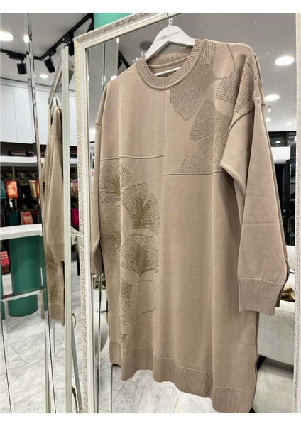 Adn Merserize Tunik Çiçekli Simli - Vizon - 2