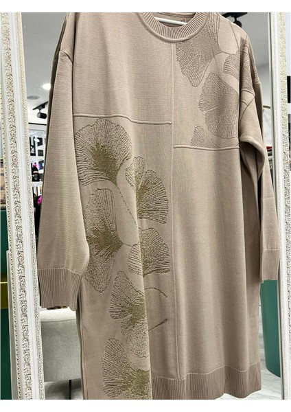 Adn Merserize Tunik Çiçekli Simli - Vizon - 2 modelleri