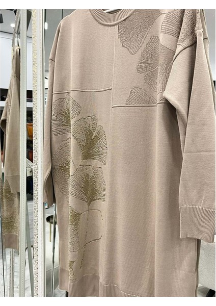 Adn Merserize Tunik Çiçekli Simli - Vizon - 2 fırsatları