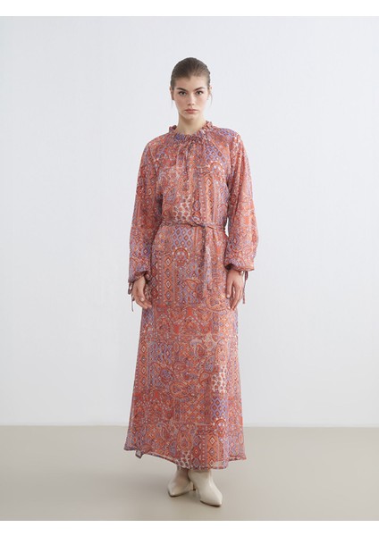 Yeni Sezon Desenli Belden Oturtmalı Şifon Elbise