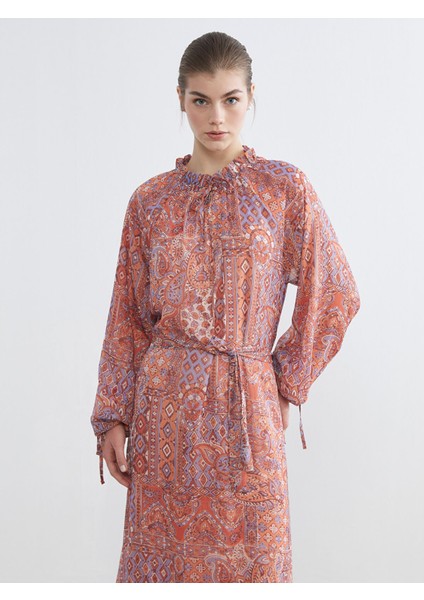 Yeni Sezon Desenli Belden Oturtmalı Şifon Elbise fiyatları