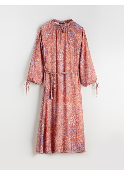 Yeni Sezon Desenli Belden Oturtmalı Şifon Elbise indirimleri