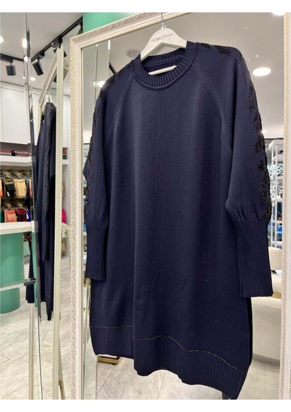 Adn Simli Kol Merserize Tunik - Lacivert - 2