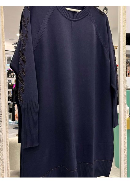 Adn Simli Kol Merserize Tunik - Lacivert - 2 modelleri