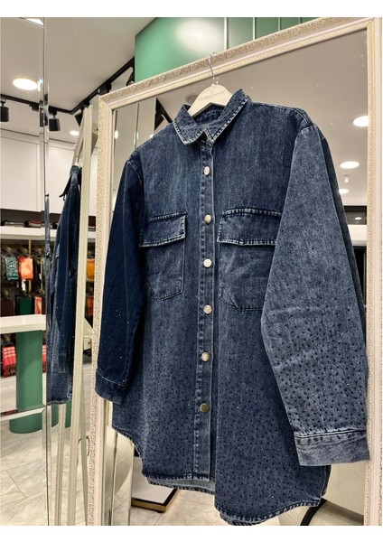 Adn Boncuklu Kot Gömlek - Lacivert - 1