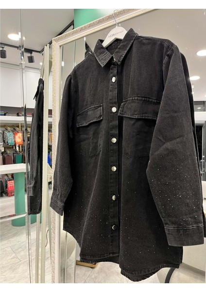 Adn Boncuklu Kot Gömlek - Siyah - 1