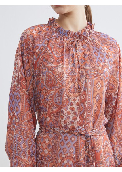 Yeni Sezon Desenli Belden Oturtmalı Şifon Elbise modelleri