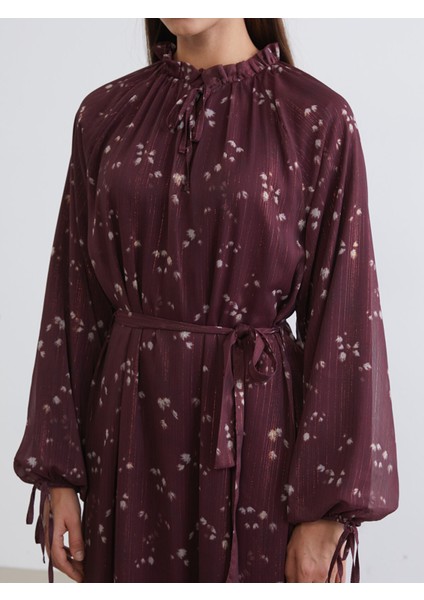 Yeni Sezon Desenli Belden Oturtmalı Şifon Elbise modelleri