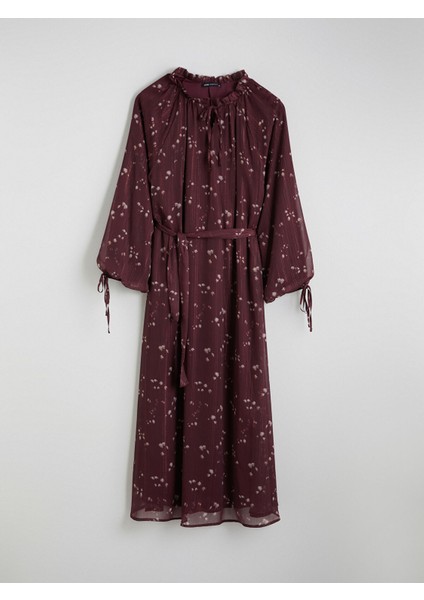 Yeni Sezon Desenli Belden Oturtmalı Şifon Elbise indirimleri