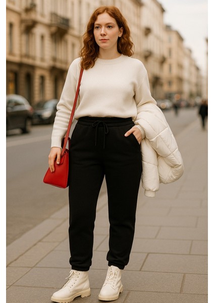 Siyah Alt Eşofman 3 Ip Şardonlu Kalın ve Yumuşak Kumaş