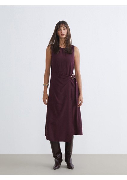 Yeni Sezon Bisiklet Yaka Krep Belden Oturtmalı Elbise