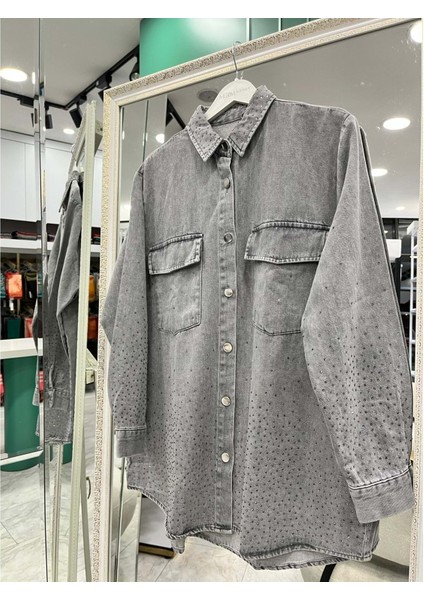 Adn Boncuklu Kot Gömlek - Gri - 1