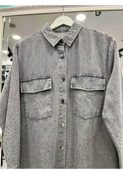 Adn Boncuklu Kot Gömlek - Gri - 1 indirimleri