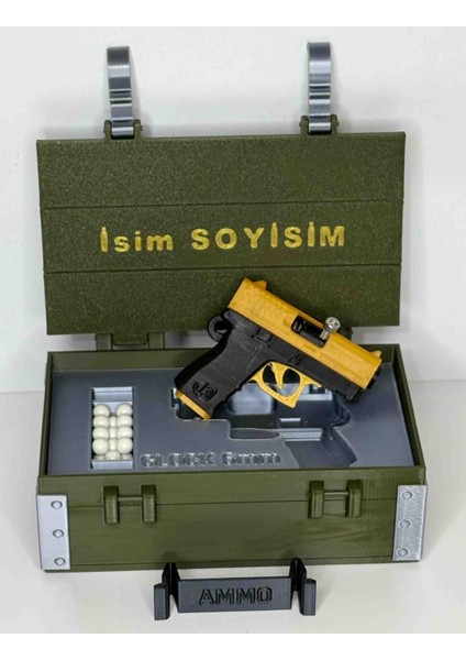 Hediyelik Kişiye Özel Silah Sandığı ve Bb Airsoft Mermisi Atan Gold Glock Tabanca Anahtarlık