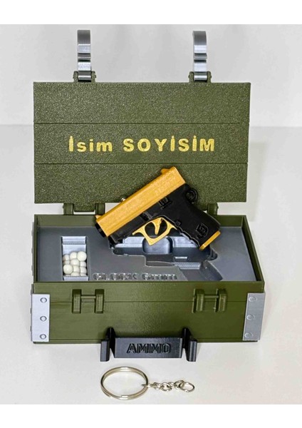 Hediyelik Kişiye Özel Silah Sandığı ve Bb Airsoft Mermisi Atan Gold Glock Tabanca Anahtarlık modelleri
