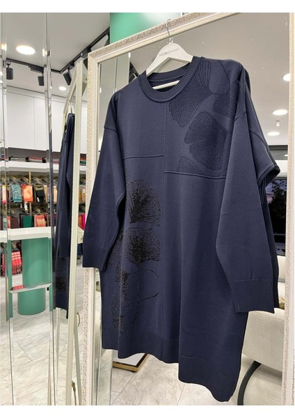 Adn Merserize Tunik Çiçekli Simli - Lacivert - 2