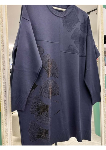 Adn Merserize Tunik Çiçekli Simli - Lacivert - 2 fiyatları