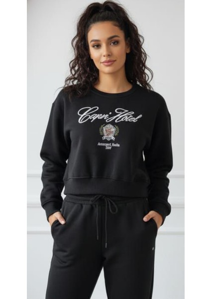 Kadın Kısa Kesim Şardonlu (Içi Polar) Baskılı Oversize Sweatshirt