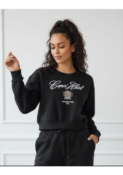 Kadın Kısa Kesim Şardonlu (Içi Polar) Baskılı Oversize Sweatshirt modelleri