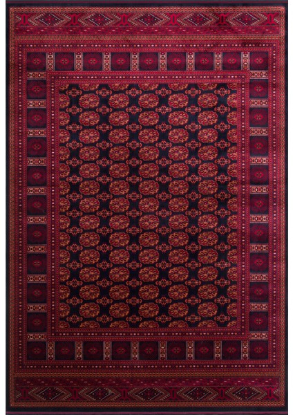 Buhara 03 Navy Afgan Desenli Viskon ile Üretilen Parlak ve Yumuşak Doku, Tabanı Kaydırmaz Ince Halı