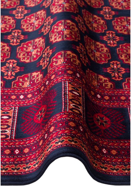 Buhara 03 Navy Afgan Desenli Viskon ile Üretilen Parlak ve Yumuşak Doku, Tabanı Kaydırmaz Ince Halı modelleri