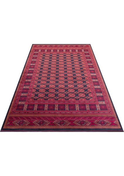 Buhara 03 Navy Afgan Desenli Viskon ile Üretilen Parlak ve Yumuşak Doku, Tabanı Kaydırmaz Ince Halı