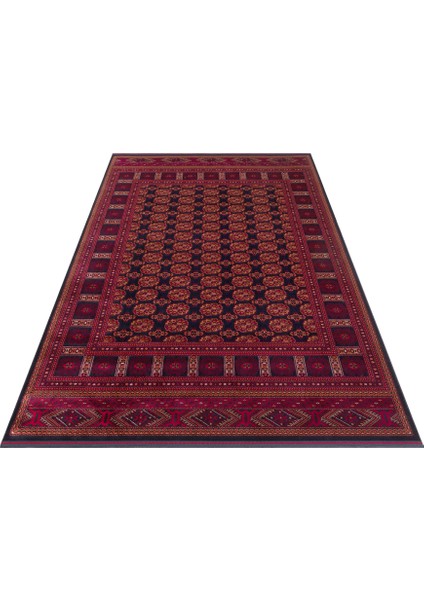 Buhara 03 Navy Afgan Desenli Viskon ile Üretilen Parlak ve Yumuşak Doku, Tabanı Kaydırmaz Ince Halı