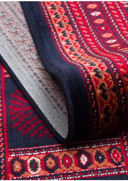 Buhara 03 Navy Afgan Desenli Viskon ile Üretilen Parlak ve Yumuşak Doku, Tabanı Kaydırmaz Ince Halı