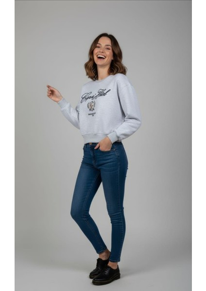 Kadın Kısa Kesim Şardonlu (Içi Polar) Baskılı Oversize Sweatshirt