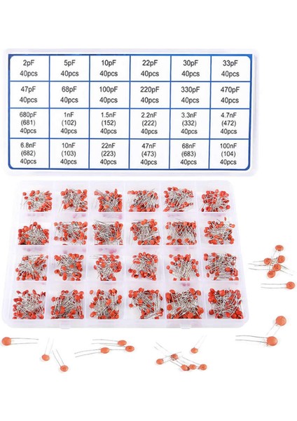 960 Adet Kutulu Seramik Kapasitör Seti 24 Çeşit 40AR Adet 50V 2pf 5pf 10PF 22PF 30PF 33PF 47PF fiyatları