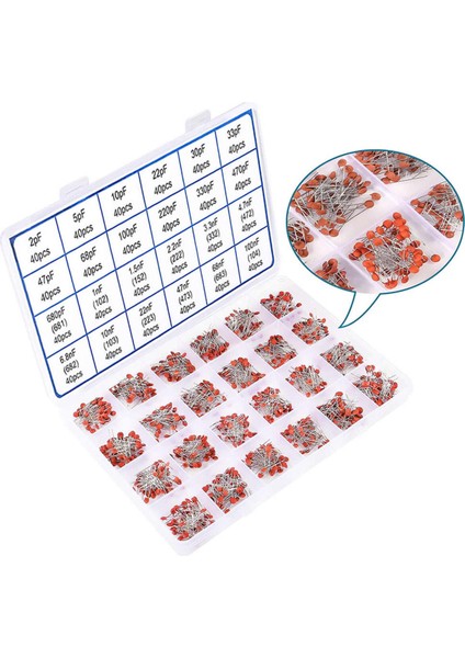 960 Adet Kutulu Seramik Kapasitör Seti 24 Çeşit 40AR Adet 50V 2pf 5pf 10PF 22PF 30PF 33PF 47PF modelleri