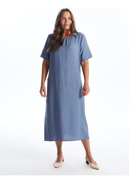 Yeni Sezon Bisiklet Yaka Düz Kısa Kollu Elbise