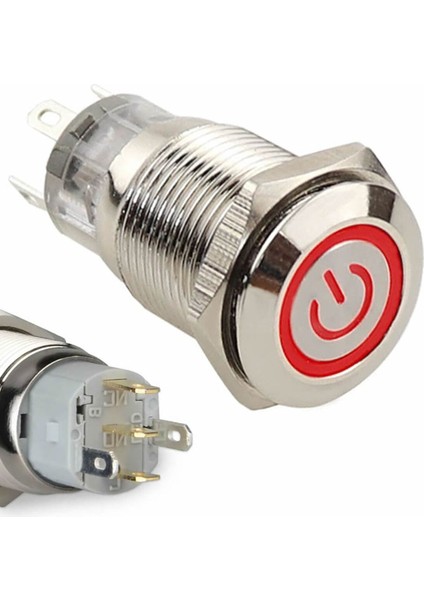 16MM Metal Buton Kırmızı Power Sembol LED Işıklı Panel Montaj Düz Kafa Kilitlemeli Dc 6A 12V IP67 modelleri