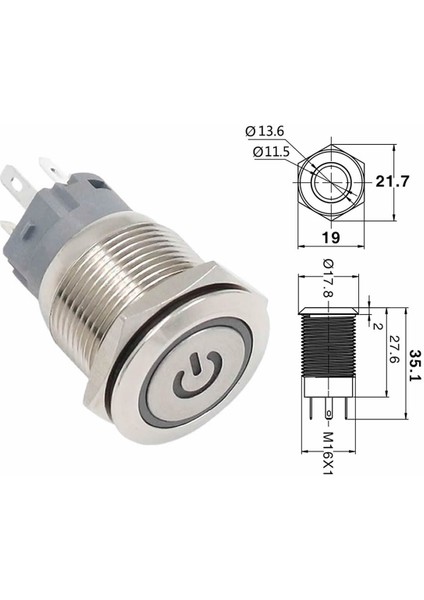 16MM Metal Buton Kırmızı Power Sembol LED Işıklı Panel Montaj Düz Kafa Kilitlemeli Dc 6A 12V IP67