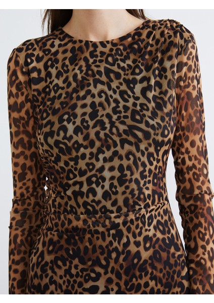 Yeni Sezon Bisiklet Yaka Leopar Desenli Büzgülü Mini Elbise modelleri