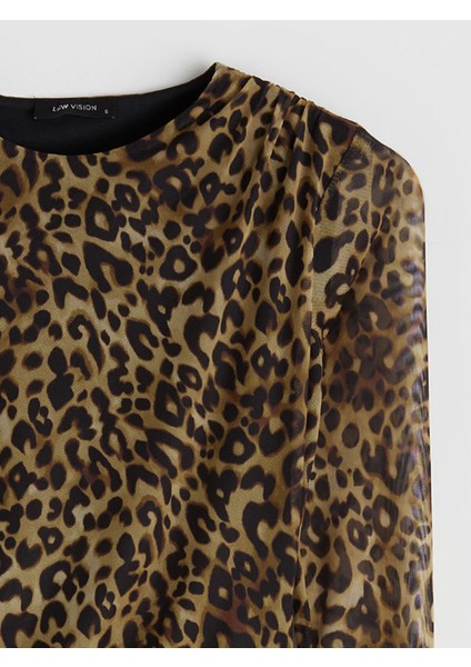 Yeni Sezon Bisiklet Yaka Leopar Desenli Büzgülü Mini Elbise indirimleri