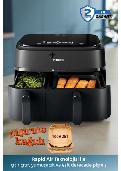 Çift Hazneli Büyük Hacim – 6 L + 3 L ile Maksimum Esneklik 3000 Serisi Çift Hazneli Airfryer & Fritöz-Dokunmatik Dijital Kontrol Paneli – 8 Ön Ayar ile Kullanım Kolaylığı