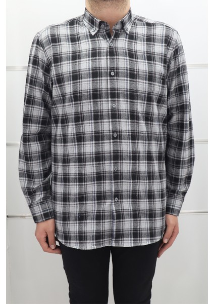 Fistan Store Erkek Siyah – Gri Ekose Kareli Klasik Kesim Rahat Kalıp Tek Cepli Kışlık Kaşmir Gömlek