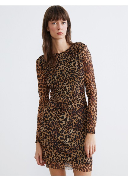 Yeni Sezon Bisiklet Yaka Leopar Desenli Büzgülü Mini Elbise