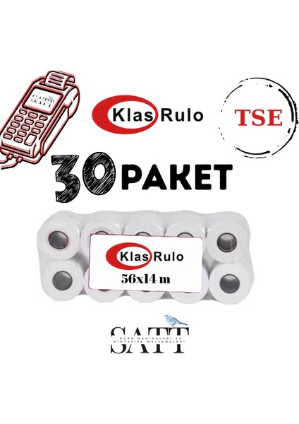 Yazarkasa Pos Rulosu 56 x 14 mm 30 Paket 300'LI Rulo
