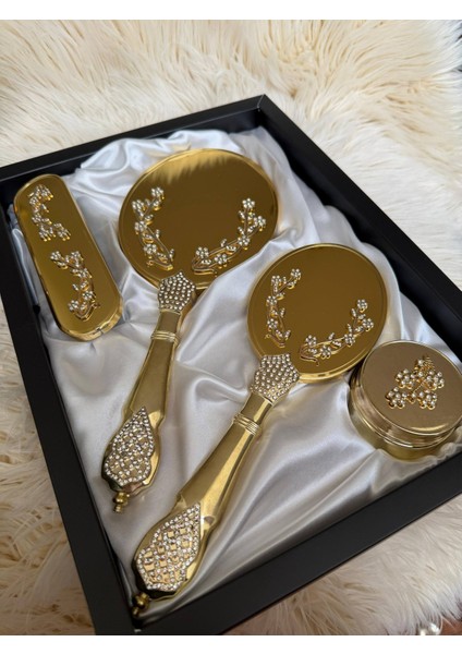 Kristal Inci Dal Detaylı Gelin Ayna Tarak Seti – Lüks Çeyizlik Hediyelik Kutulu Premium Set