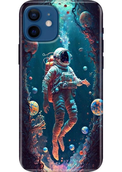 Apple iPhone 12 Kılıf Renkli Baskılı Silikon Astronot