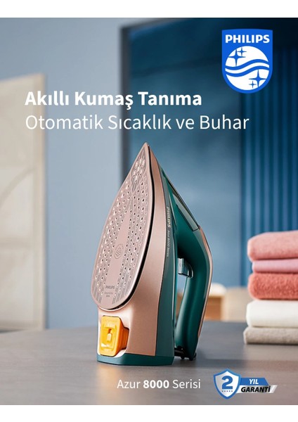 Azur 8000 Serisi Buharlı Ütü Optimaltemp Teknolojisi ile Kumaşa Göre Isı Ayarı – 3000W 240G Şok Buhar, Otomatik Kapanma” +Şarjlı Hav&yün Temizleyici