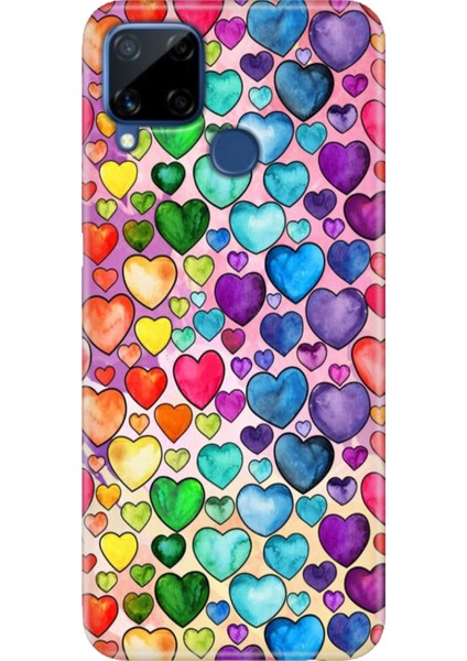 Realme C15 Kılıf Desenli Silikon Renkli Tpu Uv Kalp Çizim