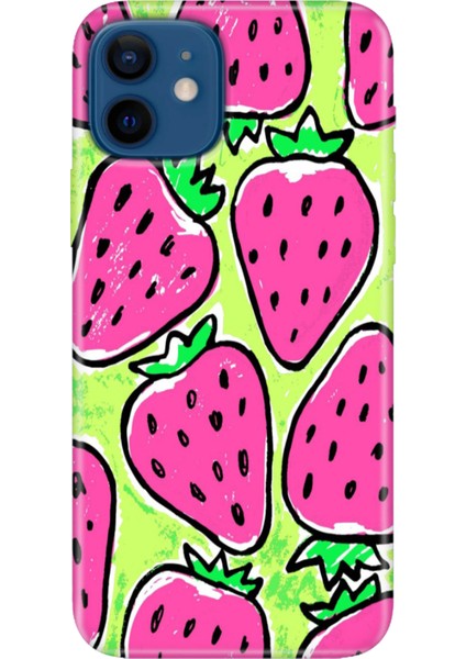 Apple iPhone 12 Kılıf Renkli Baskılı Silikon Çilek