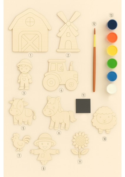 Çiftlik Ahşap Boyama Etkinlik Seti + Eğitici Çocuk Aktivite + Fırça + Akrilik Boya Kreş Okul Öncesi fiyatları