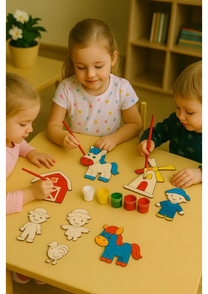 Çiftlik Ahşap Boyama Etkinlik Seti + Eğitici Çocuk Aktivite + Fırça + Akrilik Boya Kreş Okul Öncesi modelleri